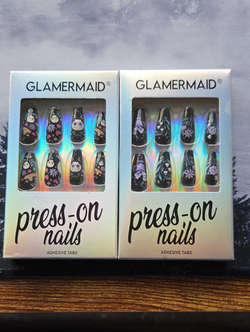 GLAMERMAID Black Floral Ghost & Skull Press-On Nails